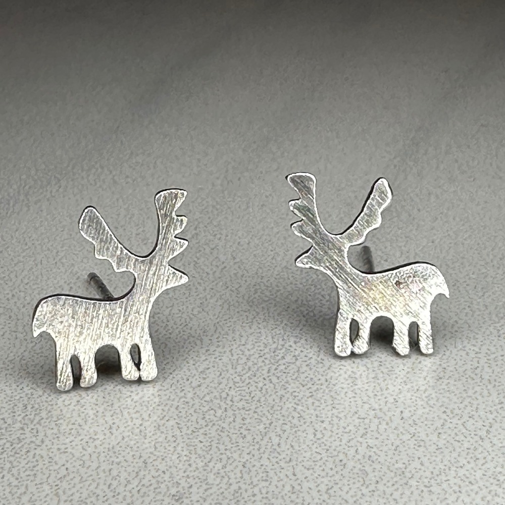 Silver Tone Reindeer Antler Stud Earrings Cute Christmas Holiday Gift